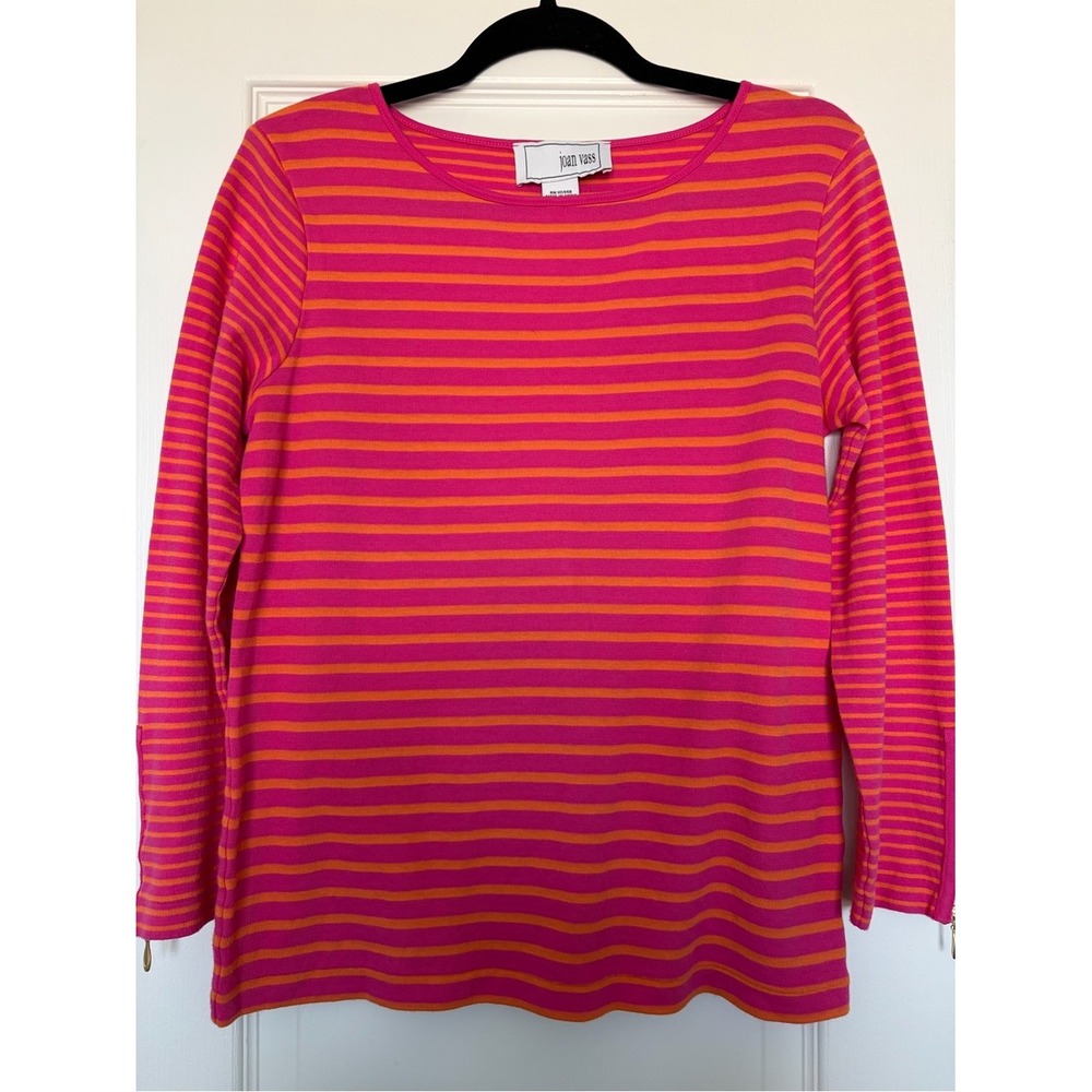 Joan Vass Pink Orange Striped Boat Neck Top Gold Zipper Cuff Cotton Blend Size 1